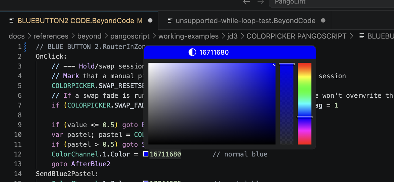 A ColorChannel.1.Color = 16711680 line with its inline blue swatch, and VS Code's color picker open above it. The picker shows the hex value 16711680, a square saturation/value field, and a vertical hue slider on the right.