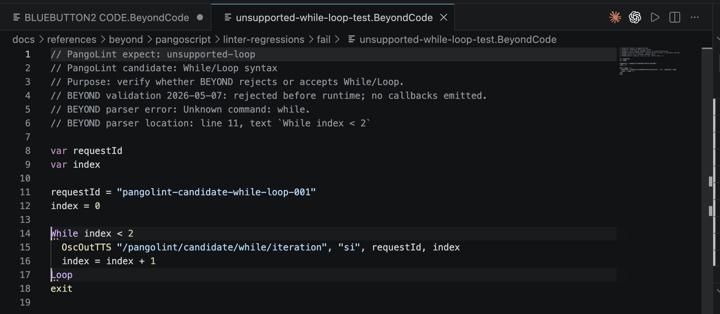 A test file demonstrating an unsupported While/Loop construct, with the offending lines flagged in the editor and a corresponding red marker in the minimap.
