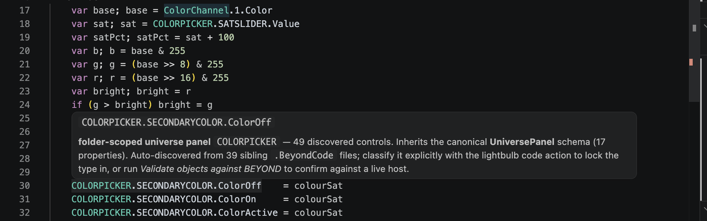 A Markdown hover card over the COLORPICKER root: 'folder-scoped universe panel  COLORPICKER - 49 discovered controls. Inherits the canonical UniversePanel schema (17 properties). Auto-discovered from 39 sibling .BeyondCode files; classify it explicitly with the lightbulb code action to lock the type in, or run Validate objects against BEYOND to confirm against a live host.'