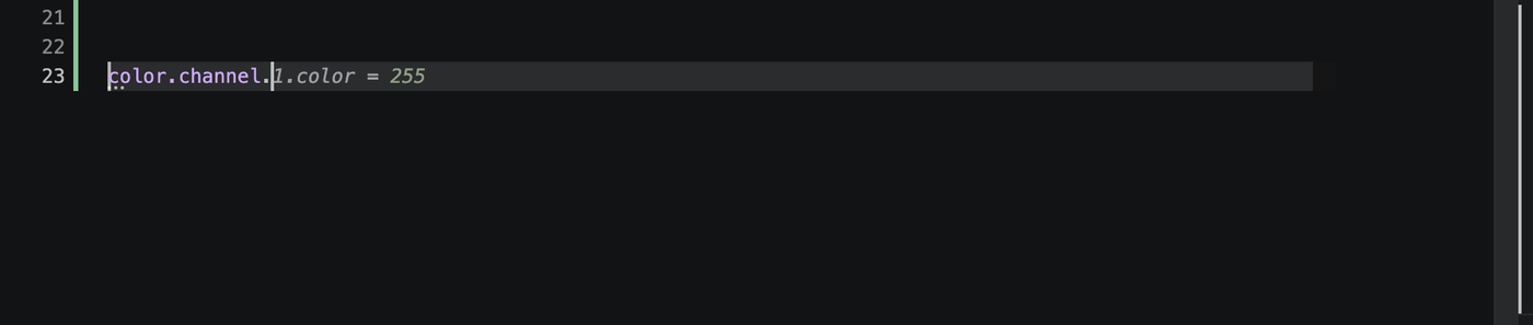 A property path being typed: color.channel. - with the rest of the path '1.color = 255' shown as italic ghost text inline.