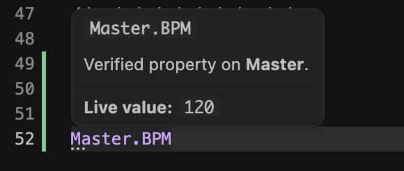 A hover popup over Master.BPM. Header: 'Master.BPM'. Body: 'Verified property on Master.' followed by 'Live value: 120'.