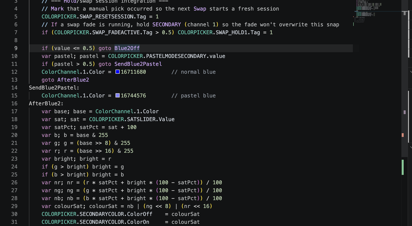 A PangoScript file with the cursor on a 'goto Blue2Off' on line 9. The 'Blue2Off' identifier is highlighted there and again at its declaration 'Blue2Off:' near line 35.