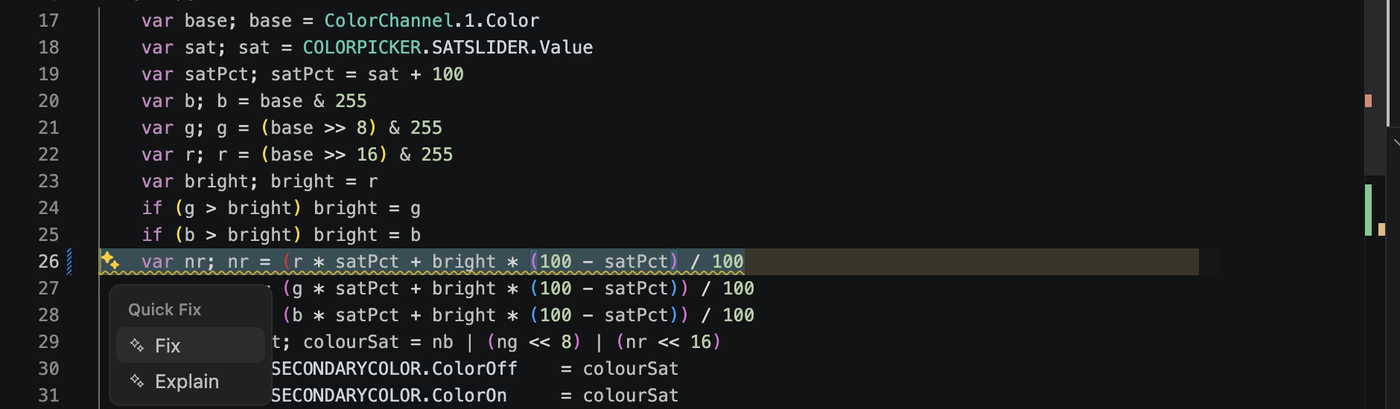 A line flagged with a yellow gutter dot. The Quick Fix popover offers two actions: 'Fix' and 'Explain'.