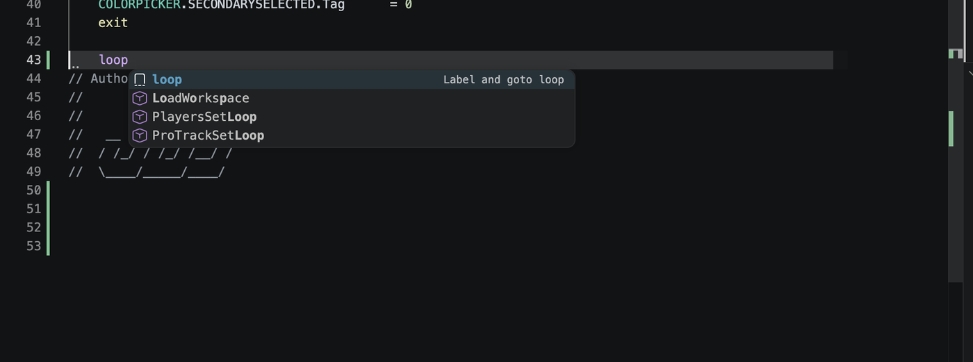 The completion list after typing 'loop' on a fresh line. The first entry, 'loop', carries a snippet icon (a small square) and the inline description 'Label and goto loop'. Below it, three command suggestions - LoadWorkspace, PlayersSetLoop, ProTrackSetLoop - show with the standard command (cube) icon.