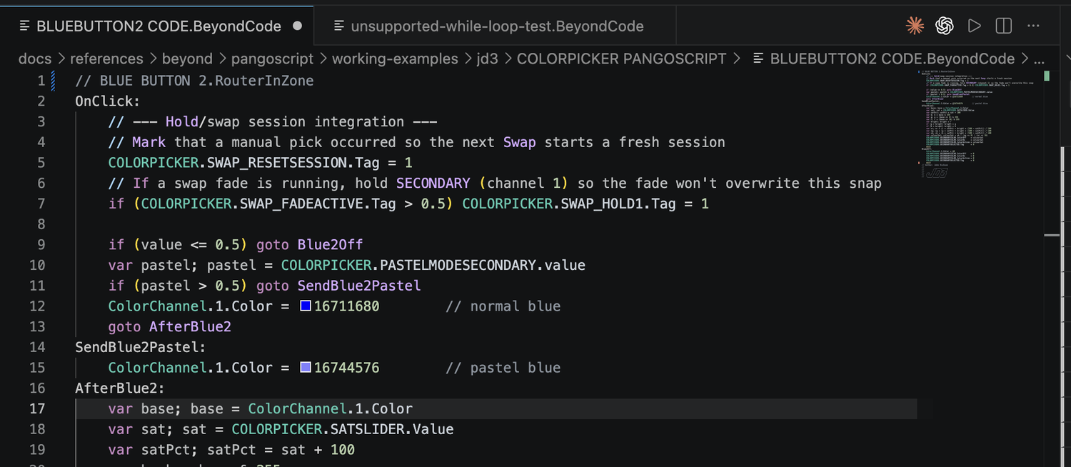 A PangoScript file showing semantic-token highlighting: known commands like ColorChannel, COLORPICKER and SATSLIDER render in their canonical colors; labels, keywords, numbers, and comments are each distinctly styled.