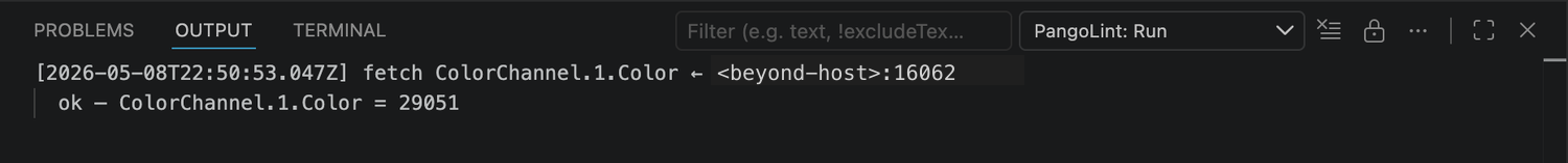 The PangoLint: Run output channel showing two log lines: '[2026-05-08T22:50:53.047Z] fetch ColorChannel.1.Color ← <beyond-host>:16062' and 'ok - ColorChannel.1.Color = 29051'.