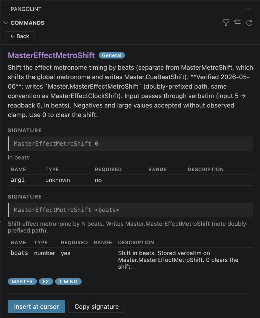 A command detail panel for MasterEffectMetroShift. The card shows a paragraph description, two SIGNATURE blocks listing the available forms (MasterEffectMetroShift 0; MasterEffectMetroShift <beats>), parameter rows with name/type/required/range/description columns, MASTER / FX / TIMING tags, and 'Insert at cursor' / 'Copy signature' action buttons.