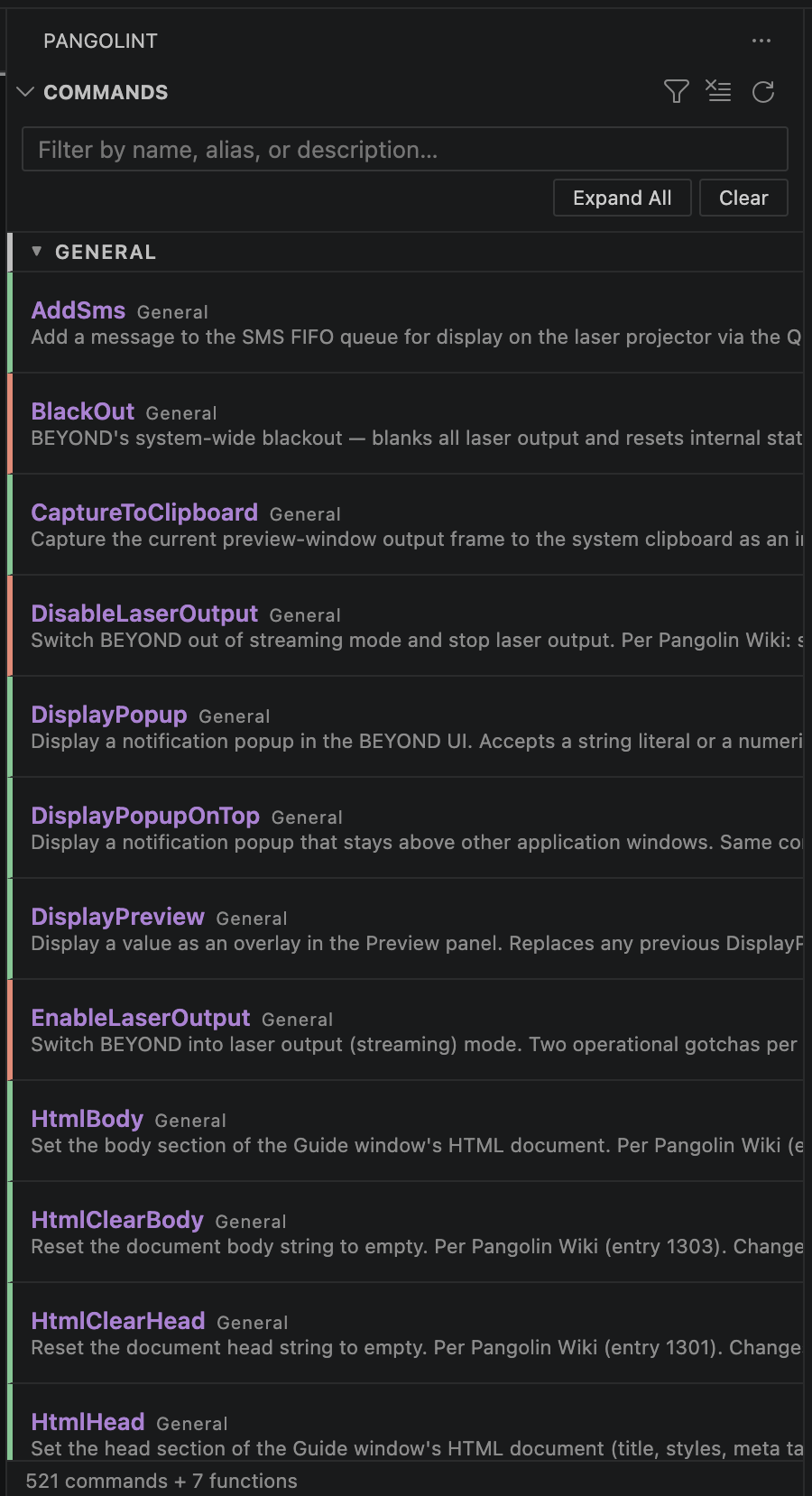 The Commands panel with the General category expanded. Visible entries include AddSms, BlackOut, CaptureToClipboard, DisableLaserOutput, DisplayPopup, DisplayPopupOnTop, DisplayPreview, EnableLaserOutput, HtmlBody, HtmlClearBody, HtmlClearHead, HtmlHead - each with a one-line description and a 'General' chip on the right. Footer reads '521 commands + 7 functions'.