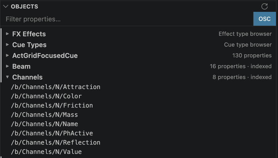 The Objects panel with the OSC toggle in the top-right active (highlighted blue). FX Effects, Cue Types, ActGridFocusedCue, and Beam are shown collapsed; Channels is expanded and its properties render as OSC addresses: /b/Channels/N/Attraction, /b/Channels/N/Color, /b/Channels/N/Friction, /b/Channels/N/Mass, /b/Channels/N/Name, /b/Channels/N/PhActive, /b/Channels/N/Reflection, /b/Channels/N/Value.