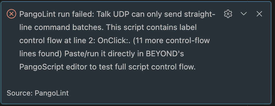 A red-bordered error notification explaining that BEYOND Talk command transport refused a script with control flow.