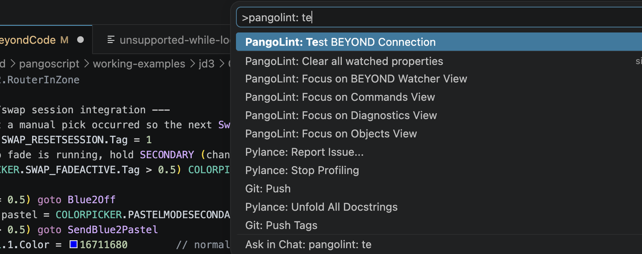 The VS Code Command Palette with '>pangolint: te' typed. The top match - 'PangoLint: Test BEYOND Connection' - is highlighted; below it are other PangoLint commands: Clear all watched properties, Focus on BEYOND Watcher View, Focus on Commands View, Focus on Diagnostics View, Focus on Objects View.