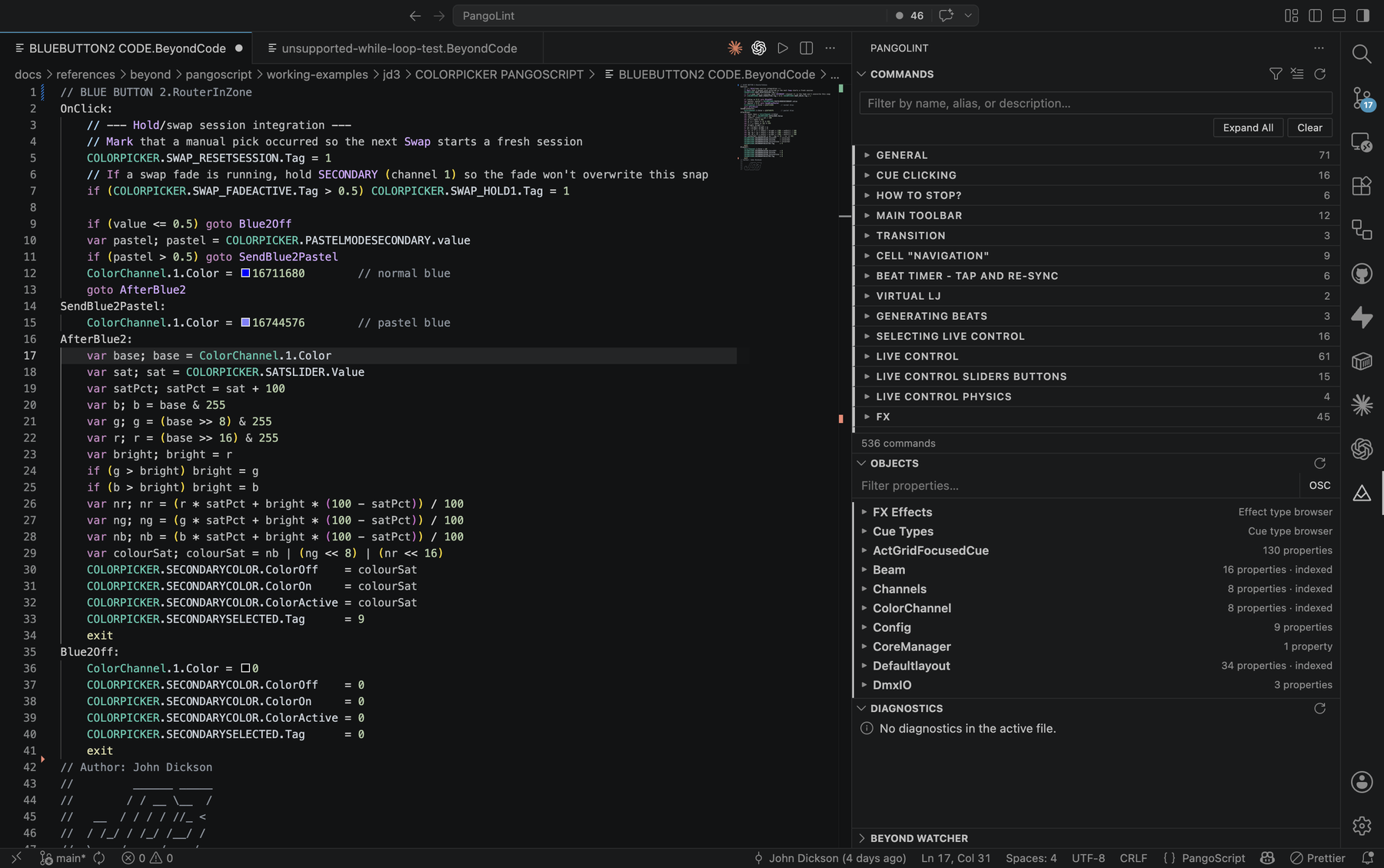 VS Code with the PangoLint extension active: a syntax-highlighted .BeyondCode file in the editor on the left, the PangoLint sidebar on the right showing the Commands, Objects, Diagnostics, and BEYOND Watcher panels.